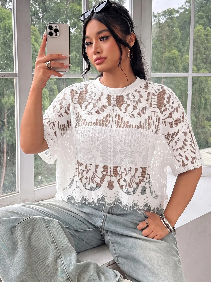 SHEIN EZwear 大碼女士上衣 - 白色 - 查看 1