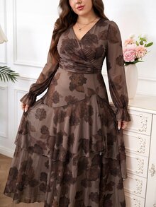 Reflora Plus Floral Print Flounce Sleeve Layer Hem Mesh Dress - Mocha Brown - View 6