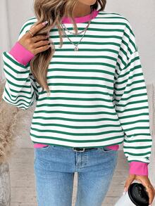 SHEIN LUNE Contrast Striped Print Drop Shoulder Oversize Ringer Pullover Sweatshirt - White - View 7