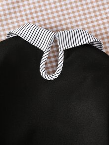 SHEIN 女童與中性休閒拼接 Polo 領運動衫，花卉印花圖案裝飾，適合通勤、上學、日常休閒、運動，秋冬穿著 - 黑色 - 查看 4