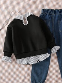 SHEIN 女童與中性休閒拼接 Polo 領運動衫，花卉印花圖案裝飾，適合通勤、上學、日常休閒、運動，秋冬穿著 - 黑色 - 查看 2