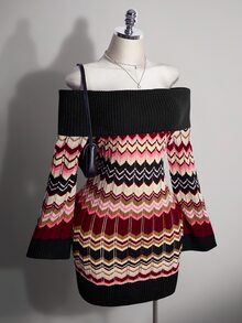 SHEIN ICON Women's Plus Size Colorful Striped Off-Shoulder Sweater Dress - Multicolor - View 1