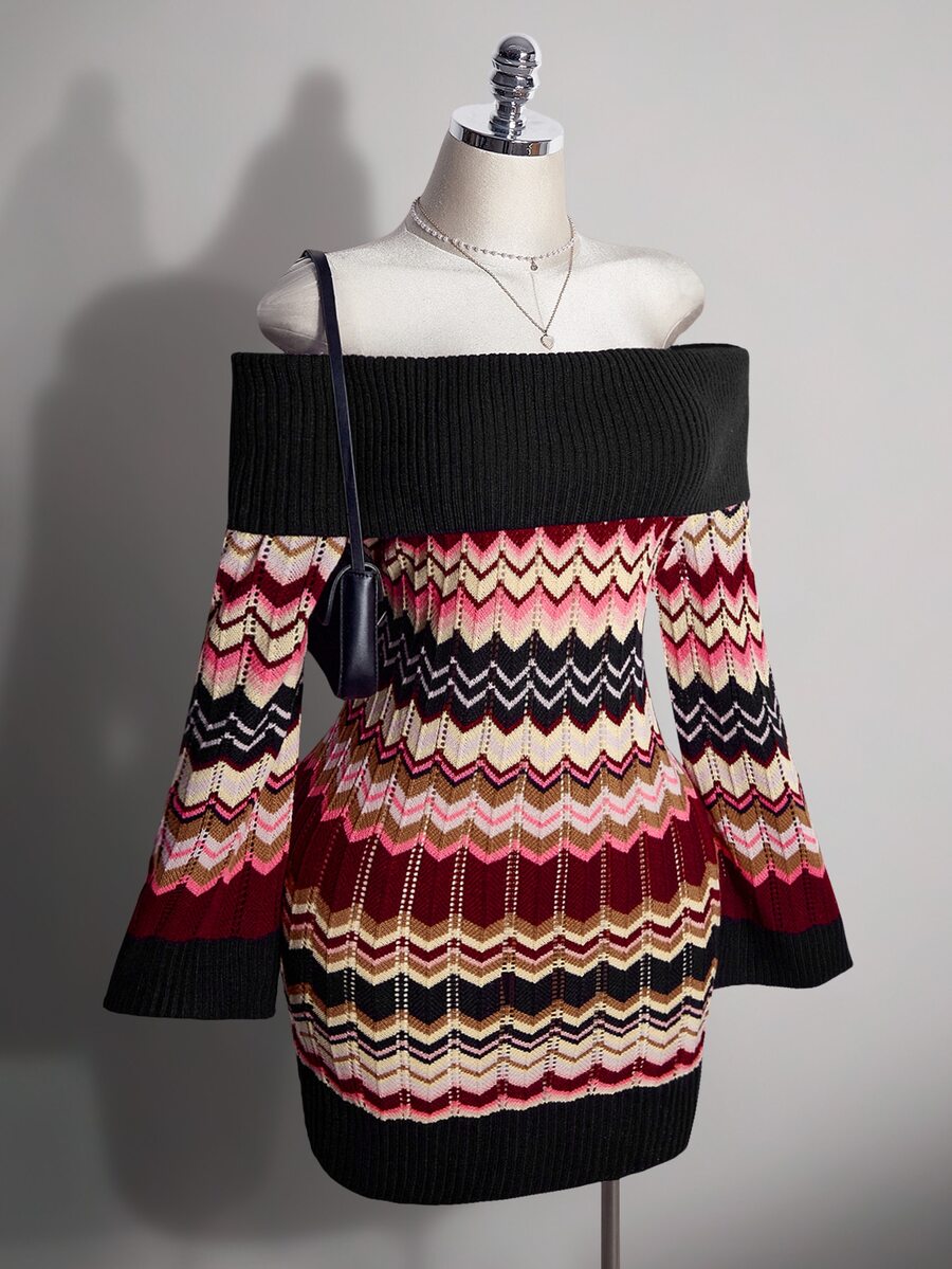 SHEIN ICON Women's Plus Size Colorful Striped Off-Shoulder Sweater Dress - Multicolor - View 1
