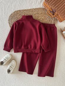 SHEIN Girls' Spring/Fall Outfits  Sporty Bow Embroidered  Long Sleeve Sweatshirt Set, Simple And Comfortable,Fall Outfits Suitable For Sports Casual Wear - Red - View 2