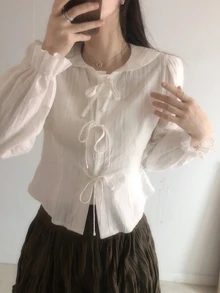 DAZY Blusa de color sólido con lazo delantero y ribete de volantes - Blanco - Ver 8