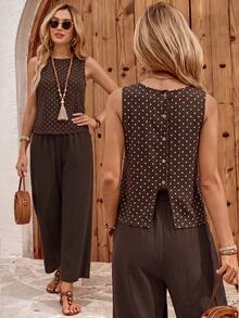EMERY ROSE Top de tirantes con estampado de lunares y bajo dividido & Pantalones de pierna ancha - Multicolor - Ver 1