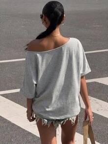 Muchica Solid Asymmetrical Neck Tee - Light Grey - View 2
