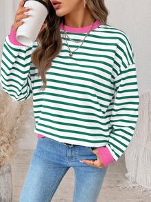 SHEIN LUNE Contrast Striped Print Drop Shoulder Oversize Ringer Pullover Sweatshirt - White - View 4