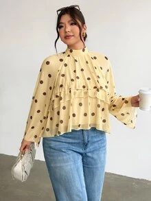 Firerie Plus Dot Allover Print Ruffle Trim Flounce Sleeve Blouse Fall - Yellow - View 2