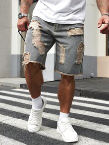 Manfinity Homme Men Plus Ripped Frayed Raw Hem Denim Shorts - Light Wash - View 5