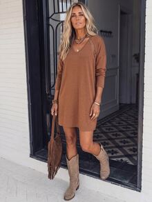 LanaWest Solid Drop Shoulder Lace Insert Short Tee Dress - Brown - View 1