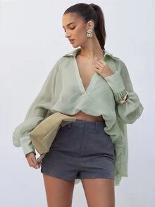 Hauture Sheer Striped Balloon Sleeve Crop Shirt - Dark Green - View 1