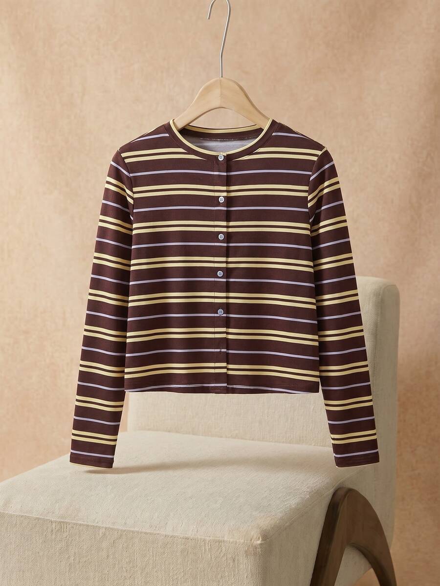Elaquor Plus Size Striped Colorblock Single-Breasted Long Sleeve T-Shirt - Multicolor - View 1