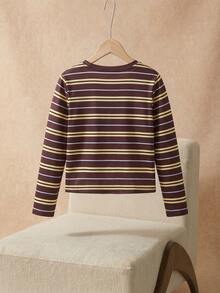 Elaquor Plus Size Striped Colorblock Single-Breasted Long Sleeve T-Shirt - Multicolor - View 2