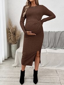 SHEIN 孕婦復古時尚圓領抓皺腰開衩洋裝 - 咖啡 - 查看 4