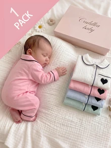 SHEIN Newborn Baby Embroidery Heart Pattern Contrast Piping Pajama Jumpsuit - Pink - View 1
