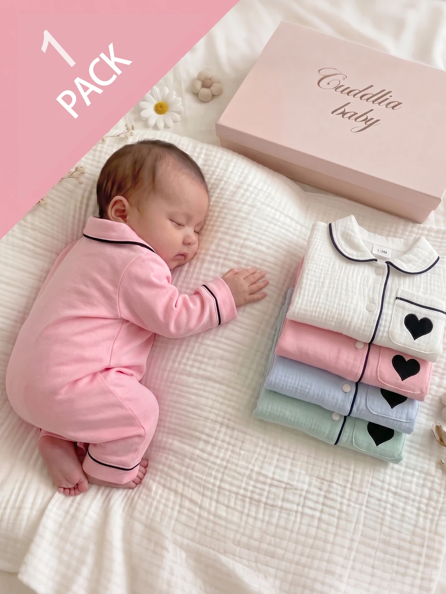 SHEIN Newborn Baby Embroidery Heart Pattern Contrast Piping Pajama Jumpsuit - Pink - View 1