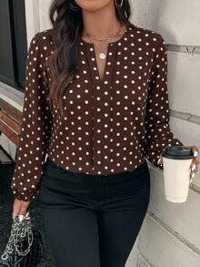 EMERY ROSE Blusa de talla grande con estampado de lunares, cuello con muesca y mangas farol - Marrón - Ver 1
