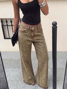 Comfortcana Jeans de pierna ancha con detalles de pedrería - Granate - Ver 1