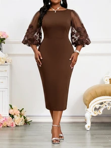 SHEIN Lady Plus Size Elegant Party Floral Embroidered Mesh Patchwork Dress - Brown - View 5