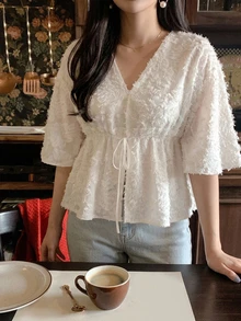 REIGN AVE Plaid Collar Cinched Waist Puff Short Sleeve Cropped Shirt - Apricot - View 7