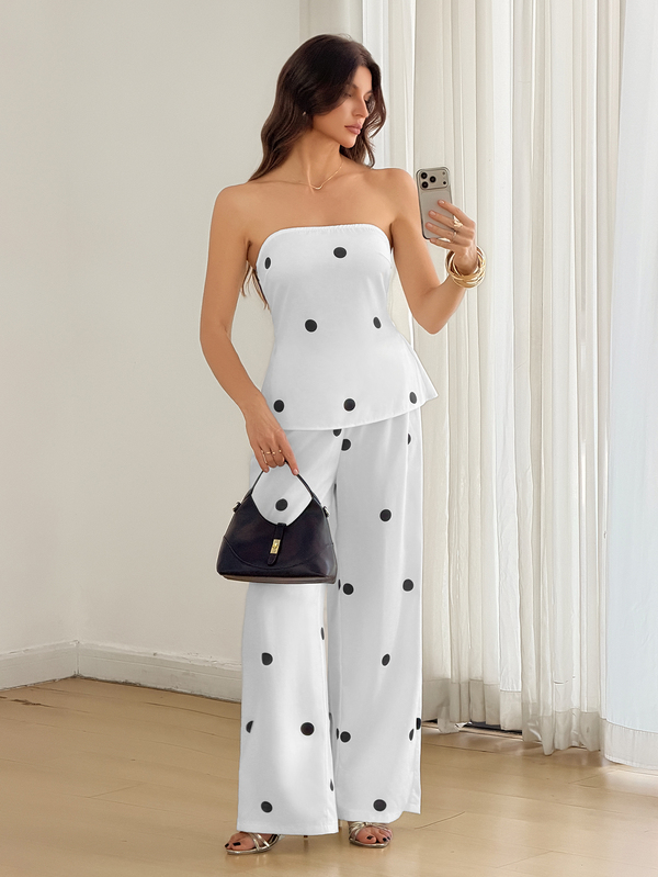 SHEIN Tall Polka Dot Print Tube Top & Wide Leg Pants