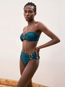 Maija Conjunto de bikini para mujer con top bandeau fruncido con decoración metálica y braguita de bikini triangular - Azul - Ver 4