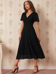 Amorya Surplice Neck Flounce Sleeve Dress - Black - View 5
