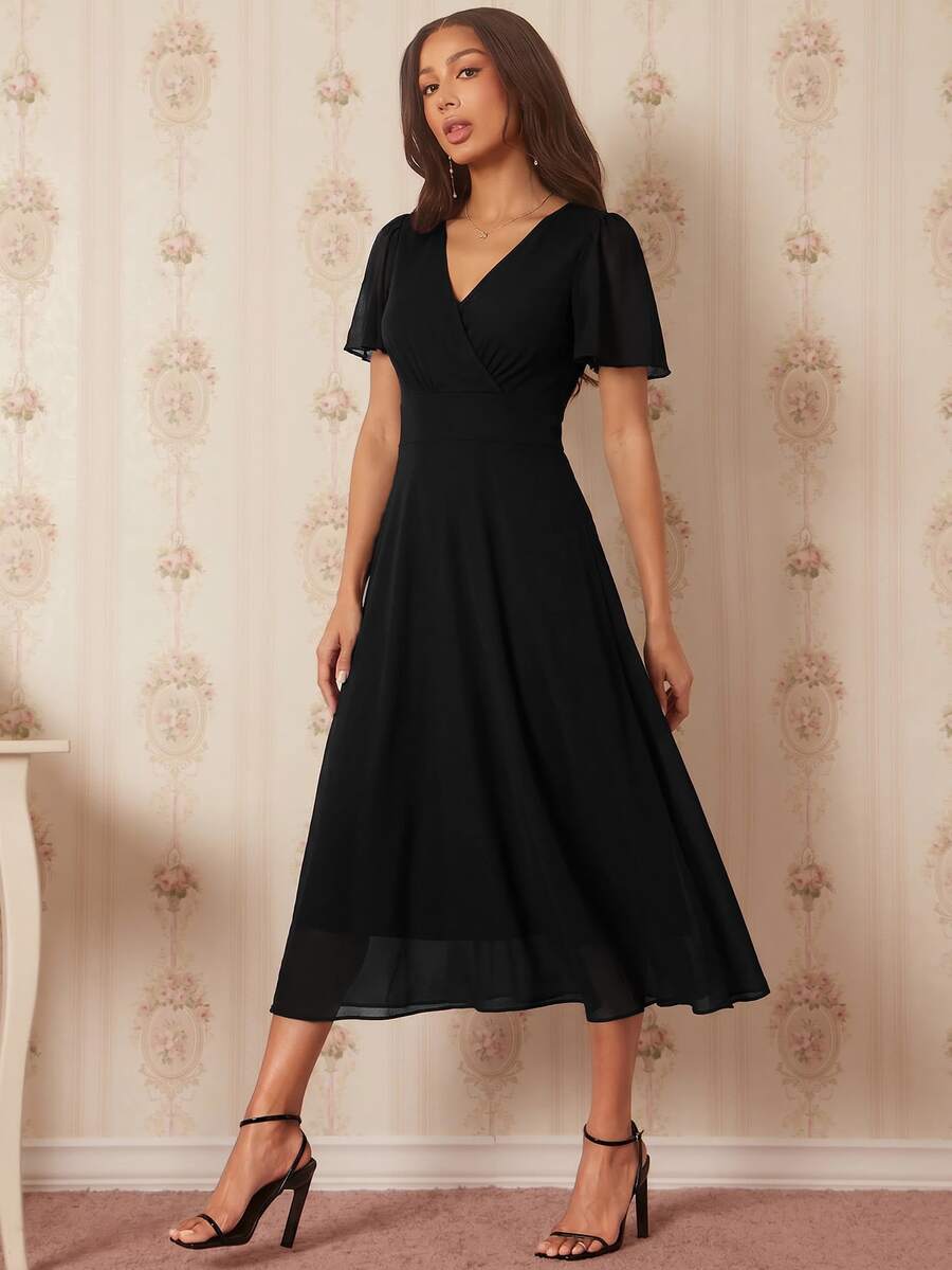 Amorya Surplice Neck Flounce Sleeve Dress - Black - View 1