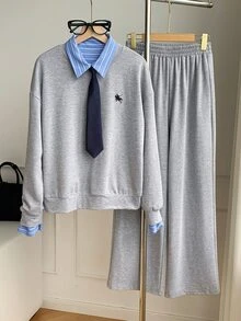 Comfortcana Contrast Collar 2 In 1 Top & Pants With Tie - Light Grey - View 6