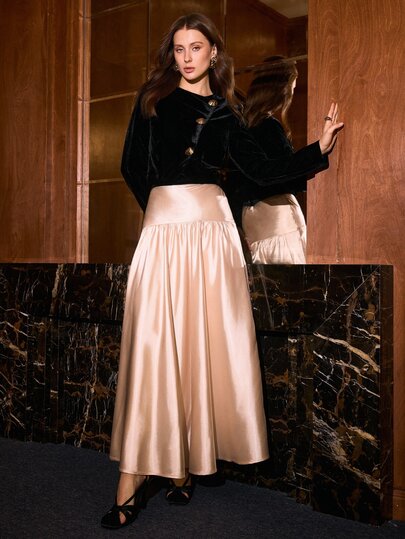 MOTF PREMIUM WOMEN'S SATIN METAL BUTTON OPEN FRONT CROPPED JACKET AND SATIN SKIRT 2 PIECES SET