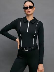 Easithlete Contrast Piping Zipper Front Tee - Multicolor - View 3
