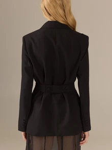 KÆRIA Hus Belted Double-Breasted Tuxedo Blazer - Crepe Suiting - Black - Tailored, Office, Elegant Classy Business Professional, Summer - Black - View 3