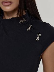 MUSERA High Neck Frog Clasp Fastening Detail Fitted Jumpsuit Sexy Evening Holiday Festival Unscripted - Black - View 6