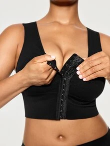 SHAPORA 1pc Plus Size Solid Color Front Button Shaping Top - Black - View 6