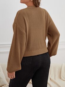 SHEIN Essnce 大尺碼落肩開襟鈕扣針織外套 - 卡其色 - 查看 2