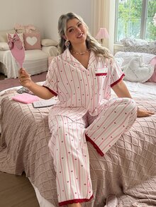 Slumberry CURVE Sweet Cute INS Striped Heart Contrast Color Lace Front Closure Short Sleeve Pants Plus Size Pajama Set - Multicolor - View 3