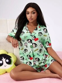 THE POWERPUFF GIRLS X SHEIN Women's Cartoon Print Pajama Set - Green - View 1