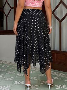 GalTyme Plus Size Summer Elegant Polka Dot Print Asymmetrical Hem Skirt - Black and White - View 2