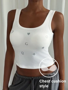 Livesso Camiseta de tirantes corta para dormir con estampado de corazón y letra, estilo cojín en el pecho - Blanco - Ver 5