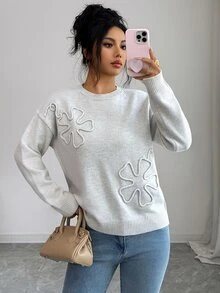 SHEIN Floral Pattern Drop Shoulder Sweater - Apricot - View 3