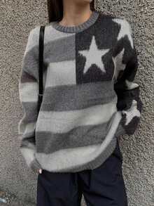 DAZY Star Pattern Drop Shoulder Oversized Sweater - Grey - View 1