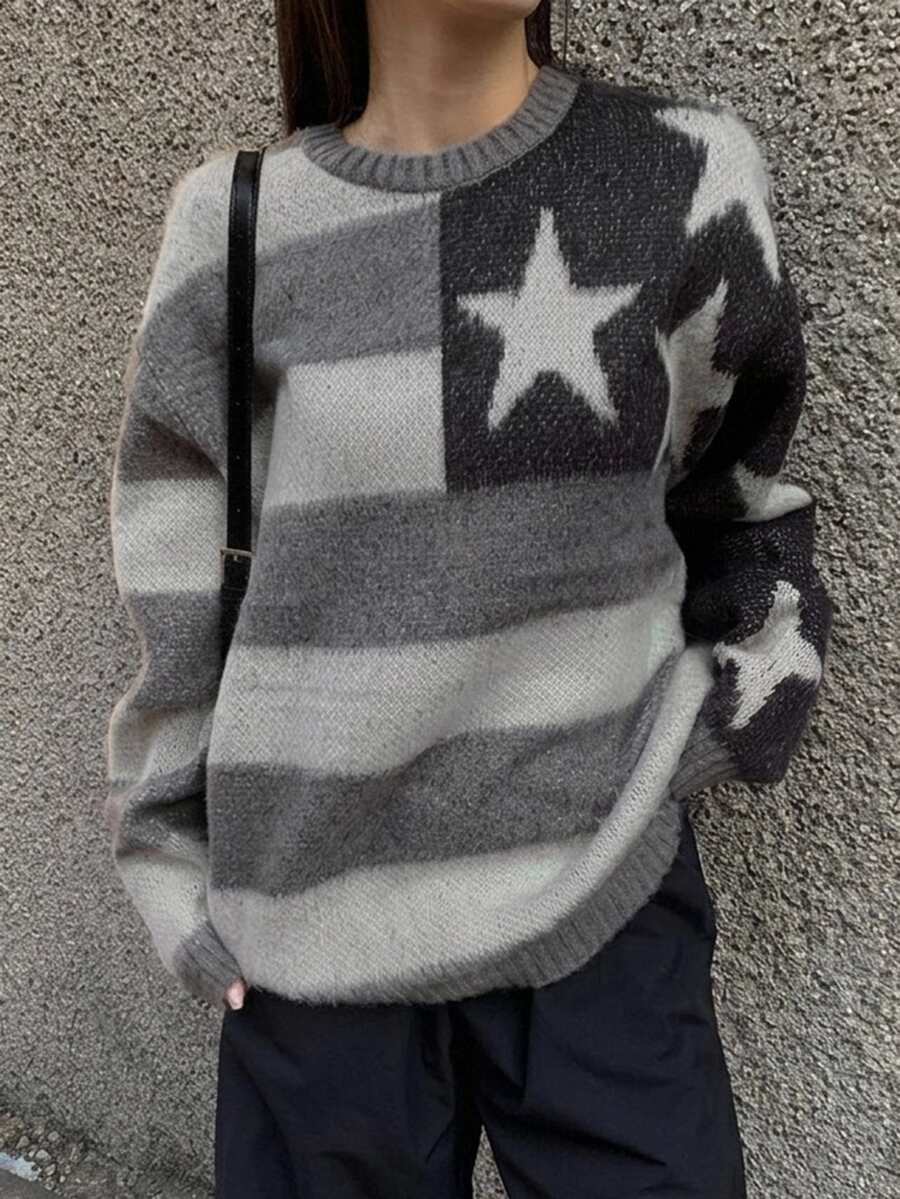 DAZY Star Pattern Drop Shoulder Oversized Sweater - Grey - View 1