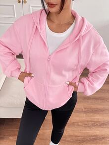 SHEIN EZwear 大尺碼純色拉鍊連帽抽繩落肩運動衫 - 粉色 - 查看 4