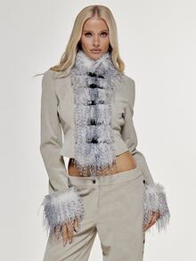 MUSERA Faux Fur Trimmed Pu Buckle Front Fitted Jacket Sexy Evening Festival Holiday Unscripted - Khaki - View 1
