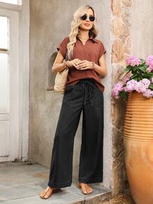 SHEIN PETITE Jeans de pierna ancha con cintura de cordón - Negro - Ver 4