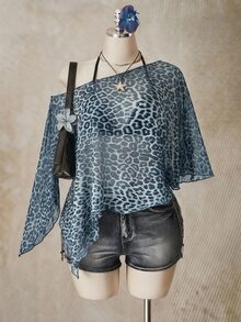 SHEIN ICON Plus Leopard Print Asymmetrical Neck Mesh Top Without Bra - Multicolor - View 3
