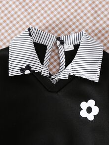 SHEIN 女童與中性休閒拼接 Polo 領運動衫，花卉印花圖案裝飾，適合通勤、上學、日常休閒、運動，秋冬穿著 - 黑色 - 查看 7