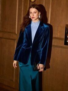 MOTF PREMIUM WOMEN'S AUTUMN/WINTER SLIM FIT ELEGANT VELVET BLAZER - Blue - View 4