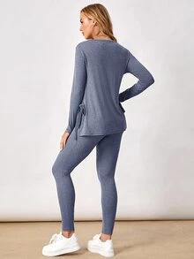 SHEIN Maternity Solid Color Long Sleeve Side Knot Hem Split T-Shirt And Leggings Casual 2 Pieces Set Fall - Navy Blue - View 2